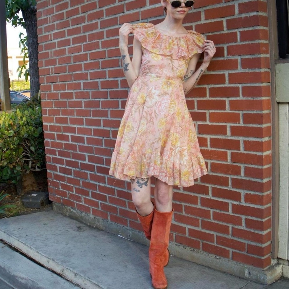 70s Pink & Yellow Floral Ruffle Dress